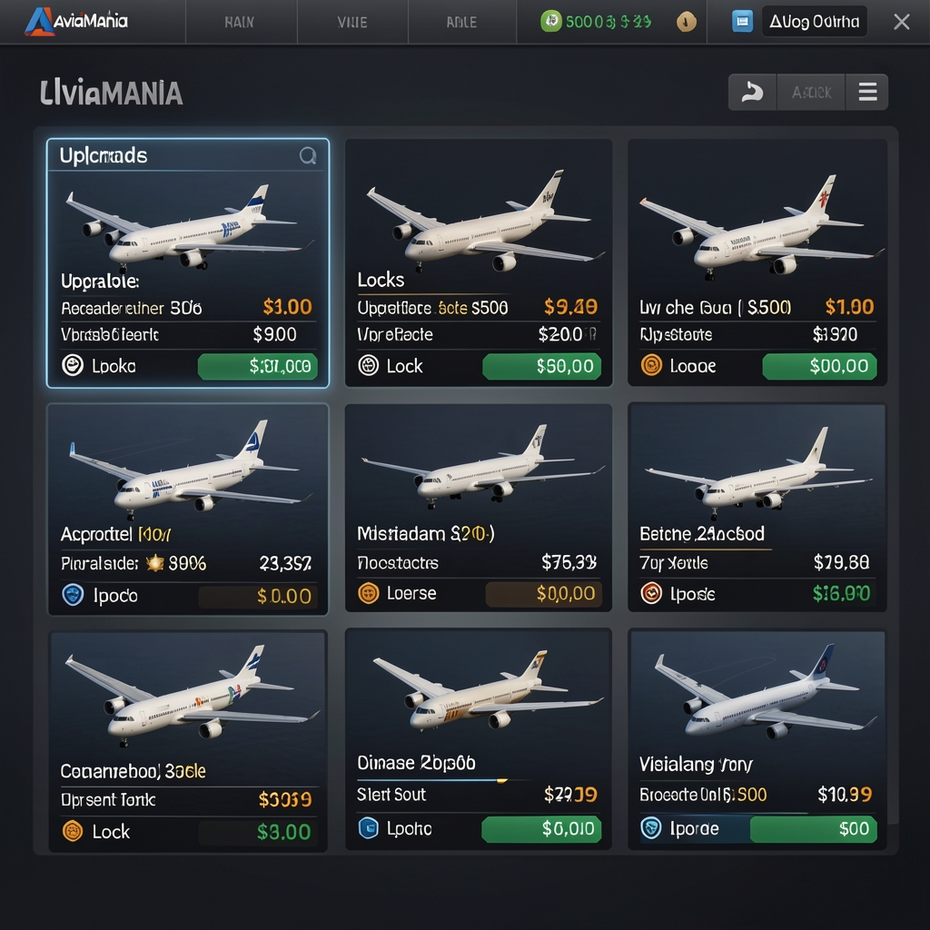 Aircraft selection screen in AviaMania showing multiple plane models with upgrade stats, lock status indicators, and virtual currency pricing on a dark background