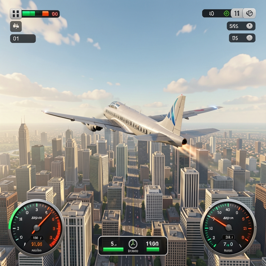 AviaMania flight game screen showing an aircraft ascending over a stylised cityscape with altitude meter, speed gauge, and multiplier counter visible in the interface