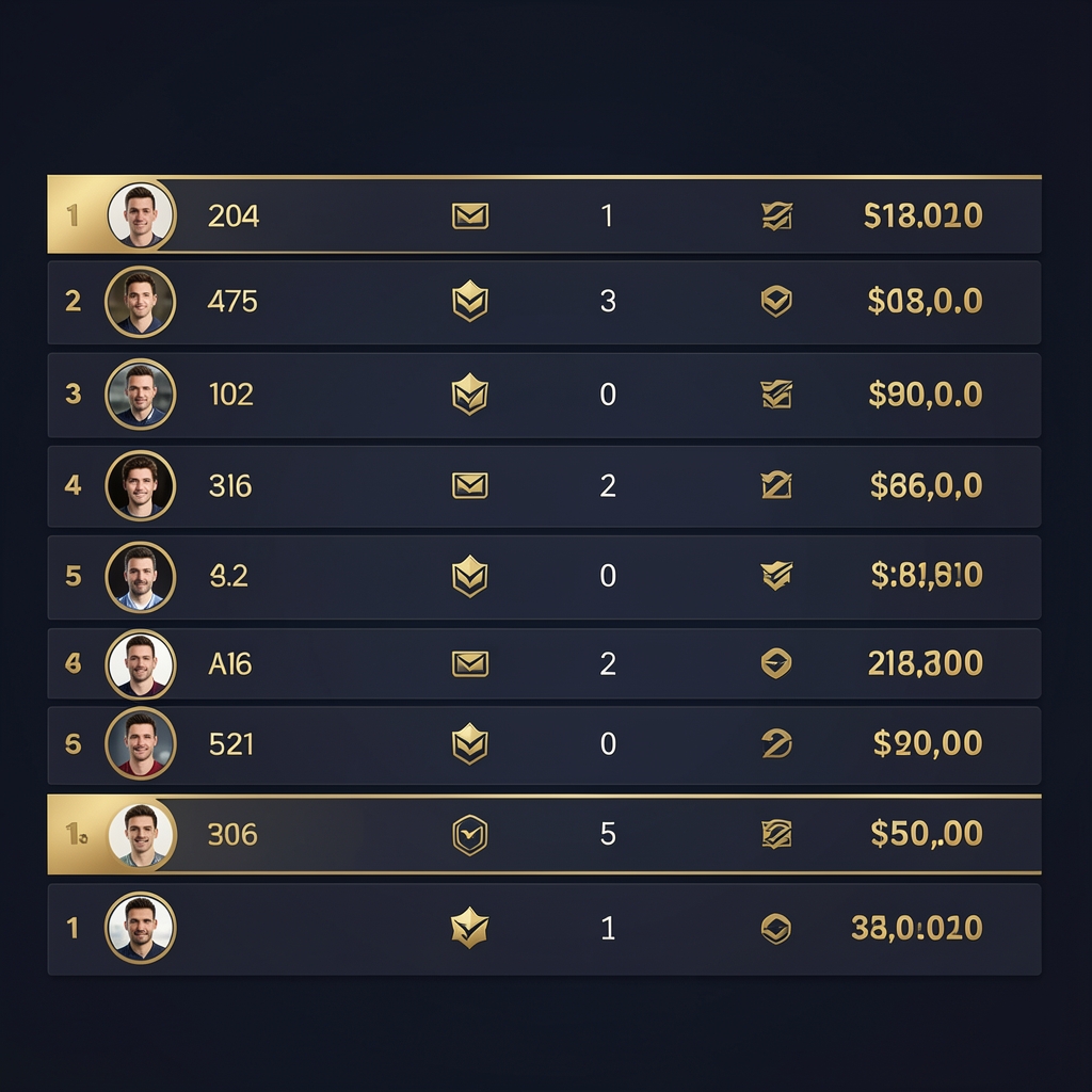 AviaMania live tournament leaderboard showing player rankings with avatars, scores, and prize pool amounts in a dark navy interface with gold accent colours