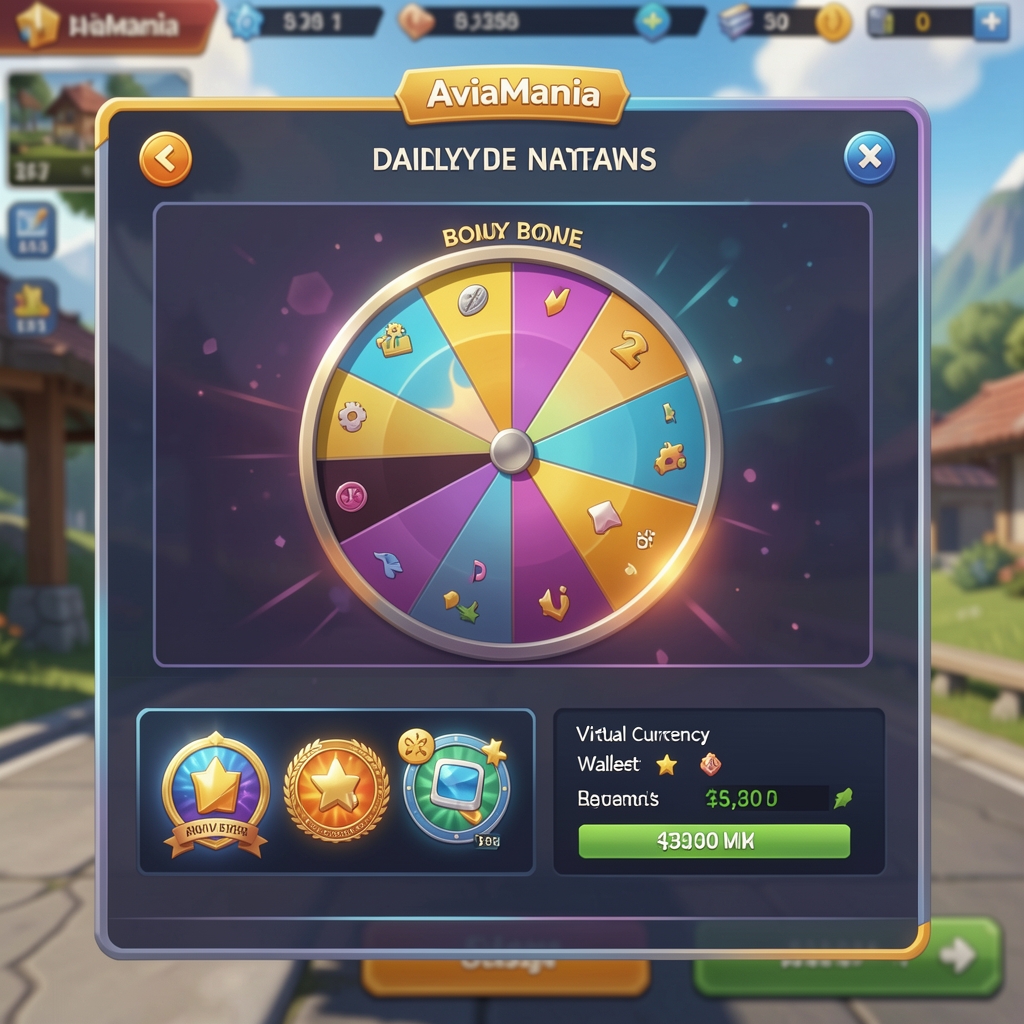 AviaMania in-game rewards screen showing daily bonus wheel, achievement badges, and virtual currency wallet balance in a colourful game UI