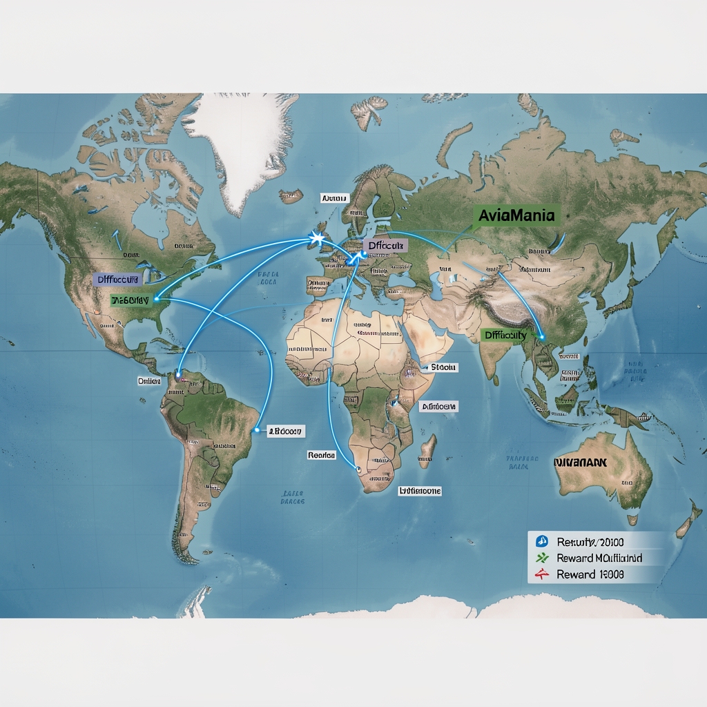 Interactive world route map in AviaMania showing available flight paths between cities highlighted in blue with difficulty ratings and reward multipliers
