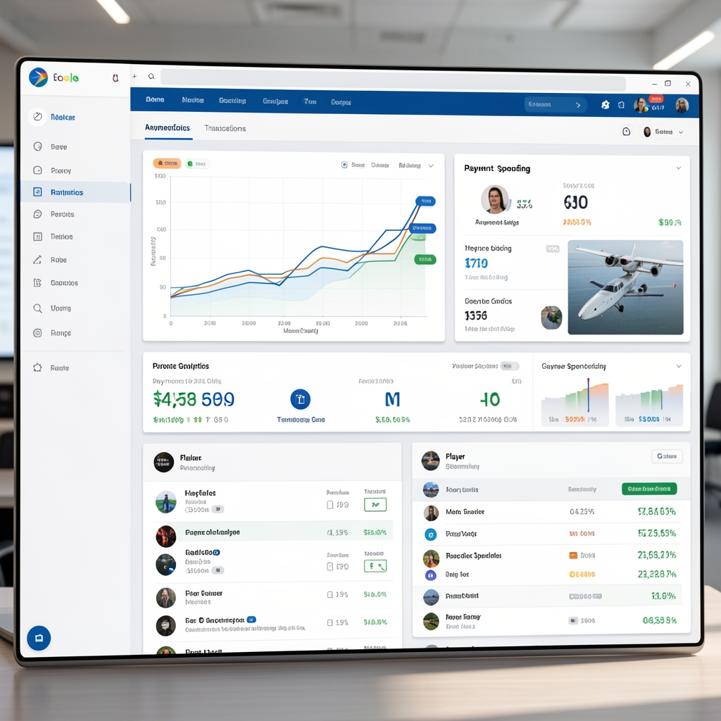 Revenue analytics dashboard showing monthly earnings chart, payment gateway transactions, and player spending breakdown for an aviation game operator