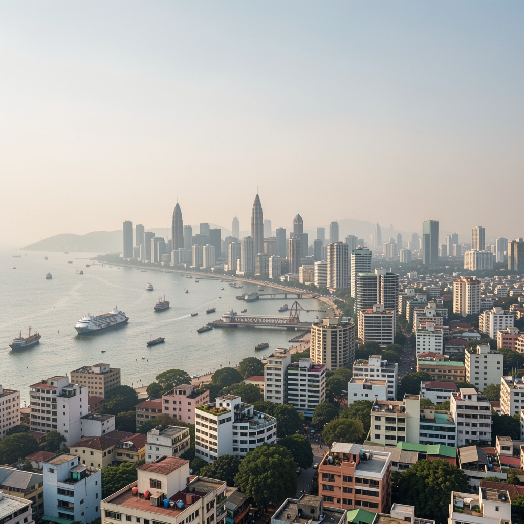 Panoramic view of Mumbai's Worli and Bandra-Kurla Complex skyline at dusk with modern office towers and the Bandra-Worli Sea Link in the background