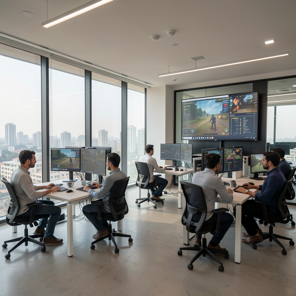 Modern open-plan technology office in Mumbai with developers at standing desks, large monitors displaying game dashboards, and floor-to-ceiling windows overlooking the city