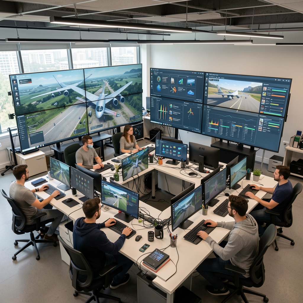 Wide aerial view of an aviation game interface displayed on multiple screens in a modern game studio office with developers reviewing analytics