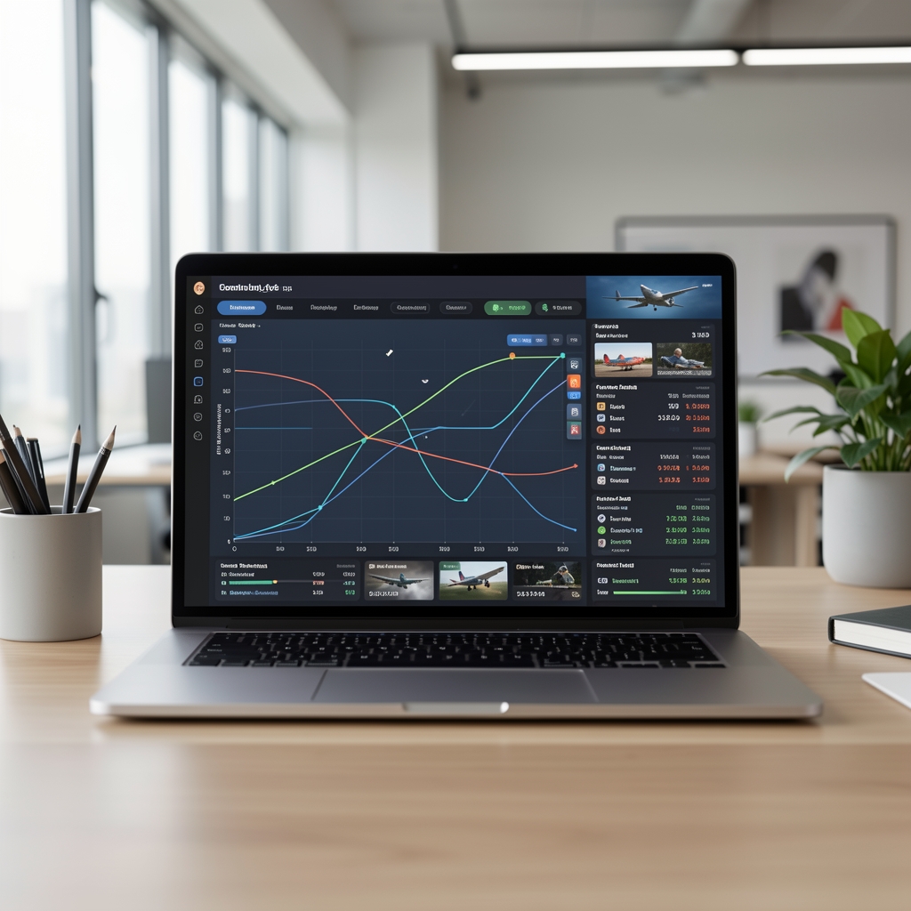 Aviation game platform dashboard on a laptop showing flight path analytics and player statistics in a modern office environment