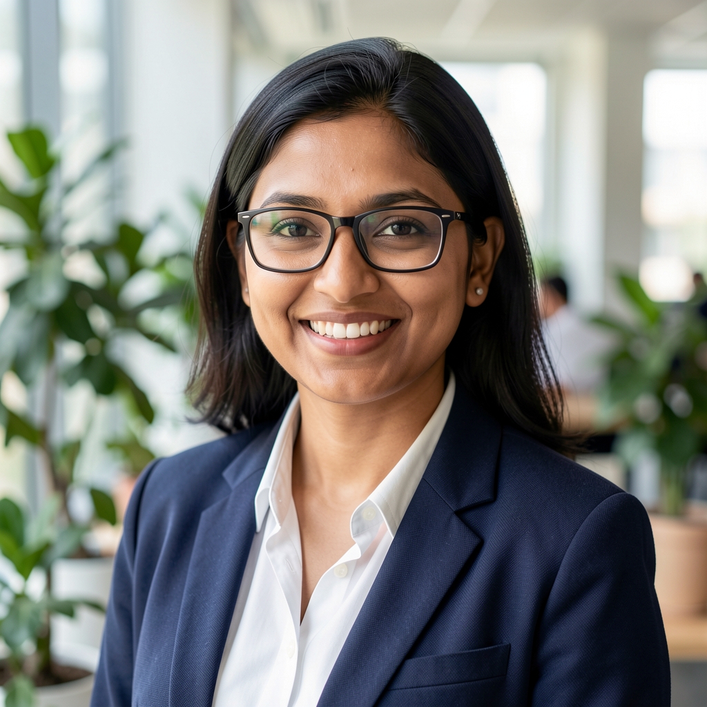 Professional headshot of an Indian female product manager with glasses smiling in a well-lit office with plants in the background