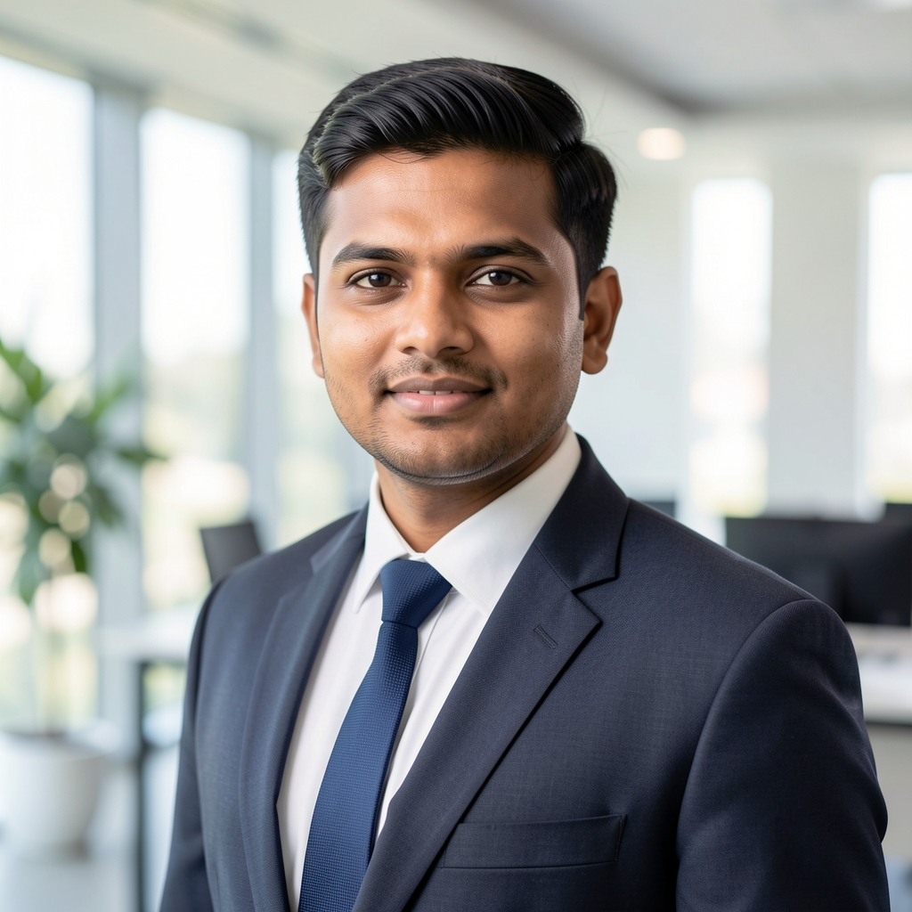 Professional headshot of an Indian male business development manager wearing a suit in a bright modern office space