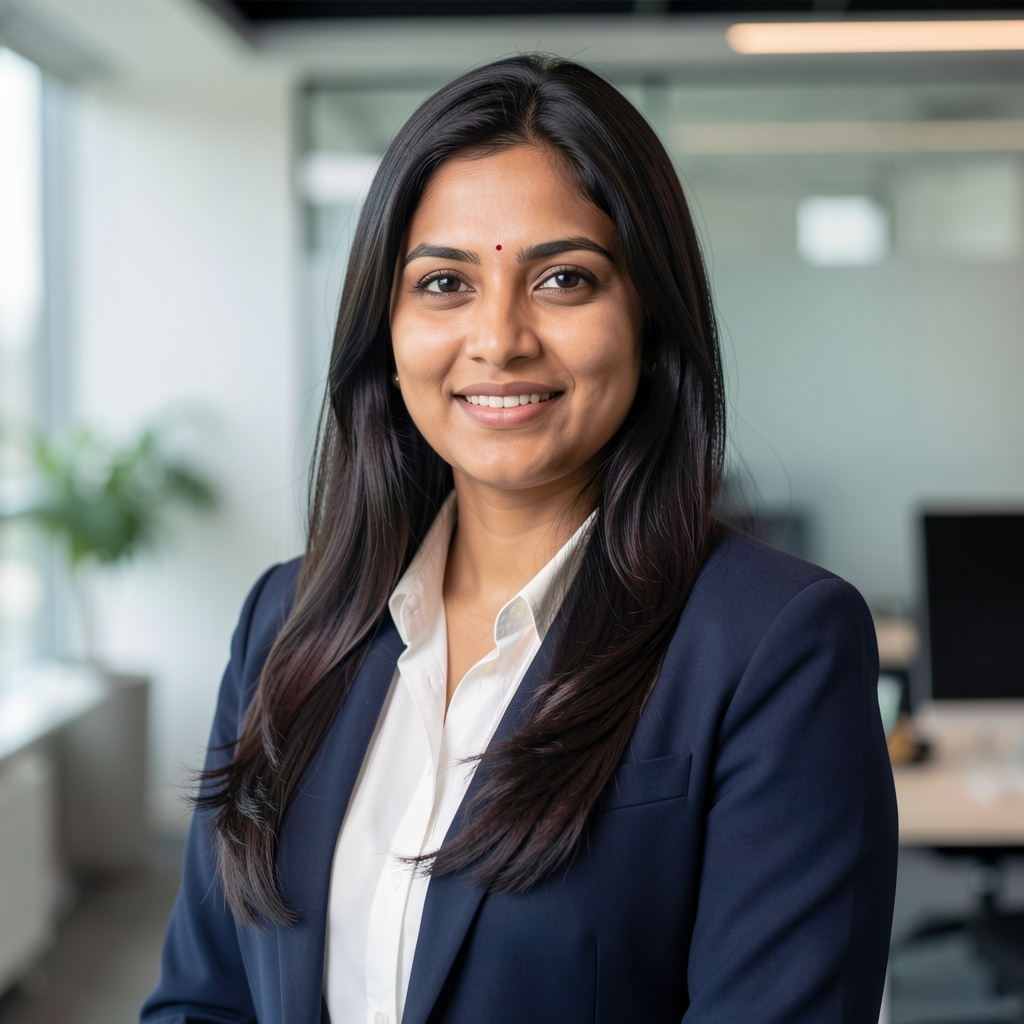 Professional headshot of an Indian female technology executive with long dark hair wearing a professional blazer in a corporate office setting