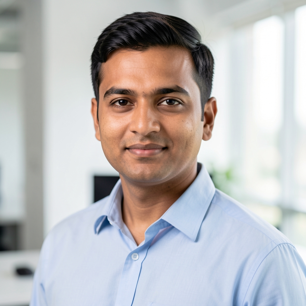 Professional headshot of an Indian male software engineer with short dark hair in a light blue collared shirt against a white office background