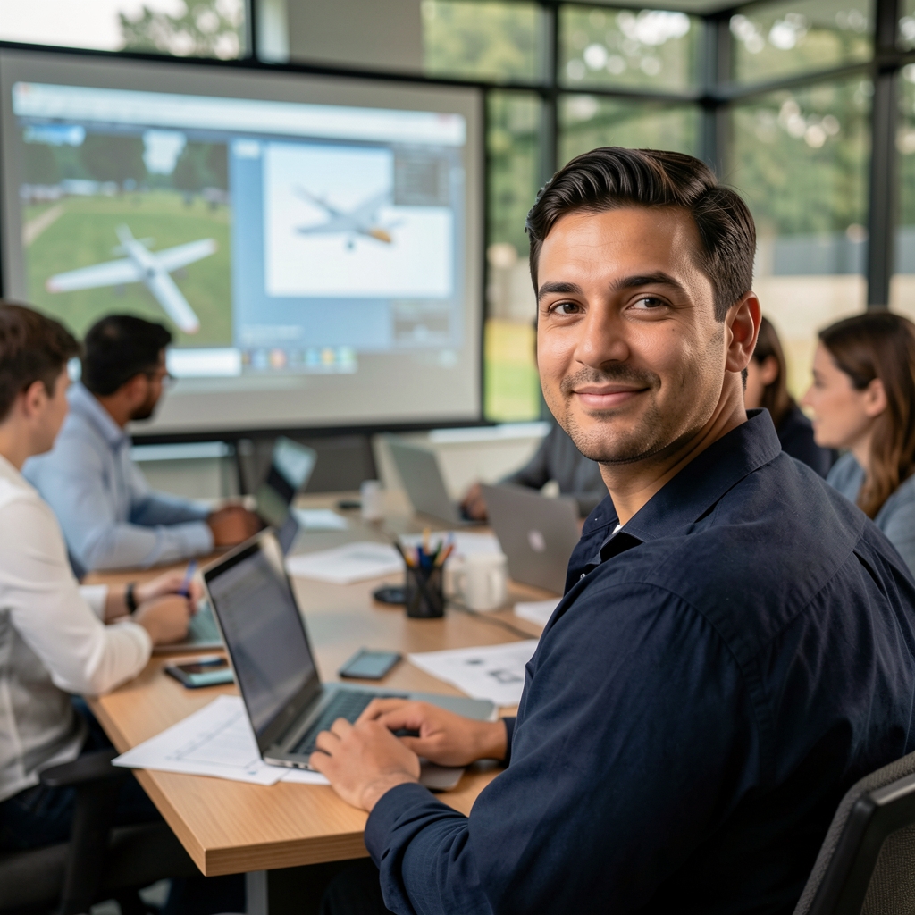 Product team conducting a discovery workshop around a conference table with laptops, wireframes, and aviation game screens visible on a projector