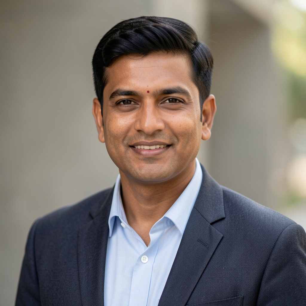 Professional headshot of a male Indian technology executive in business casual attire with a neutral background
