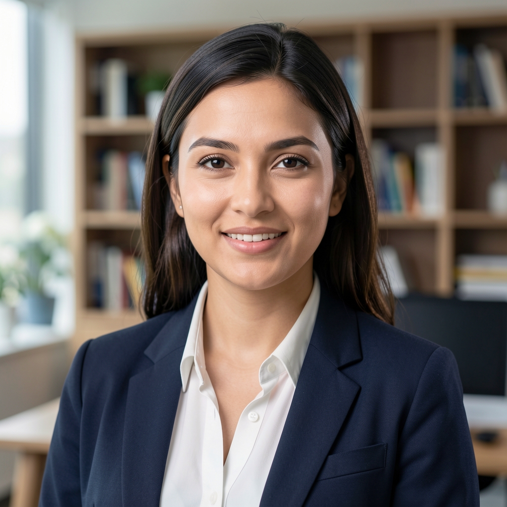 Professional headshot of a female product manager in a modern office with bookshelves visible in the background