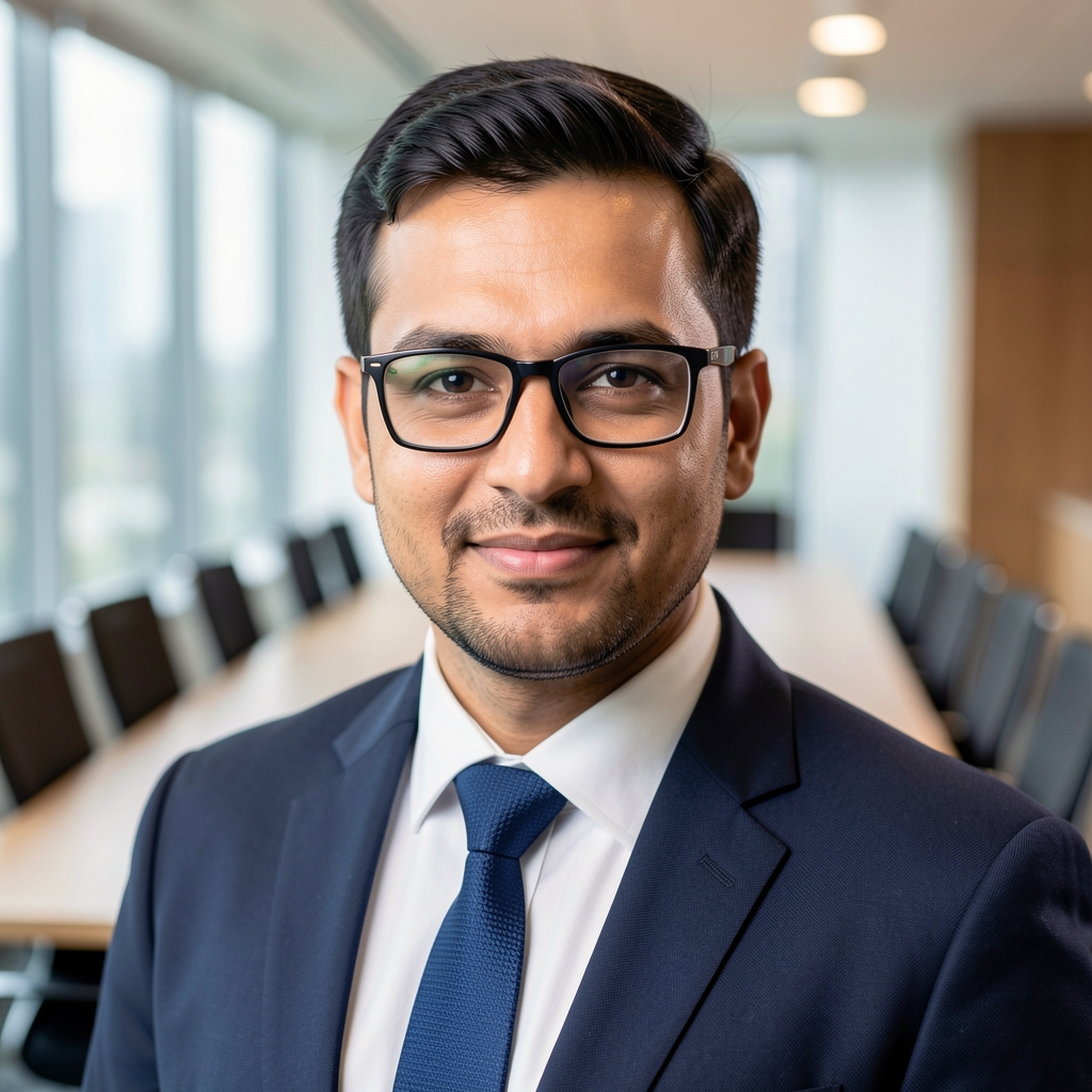 Professional headshot of a male business executive with glasses in a corporate meeting room setting