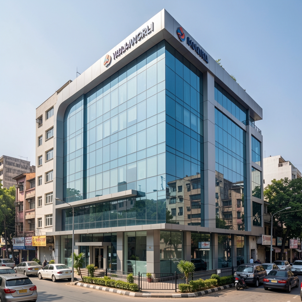 Exterior view of a modern commercial office building in Worli, Mumbai with glass facade and corporate signage visible on a sunny day